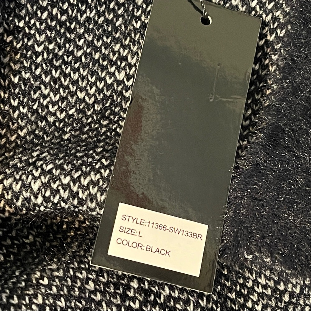 Sioni Open Front Black Cardigan Sweater White Faux Fur Fuzzy Duster Large NWT - Picture 9 of 11